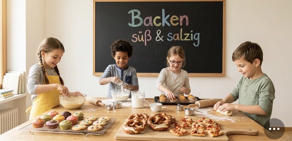 4 Kinder die gerade gemeinsam backen