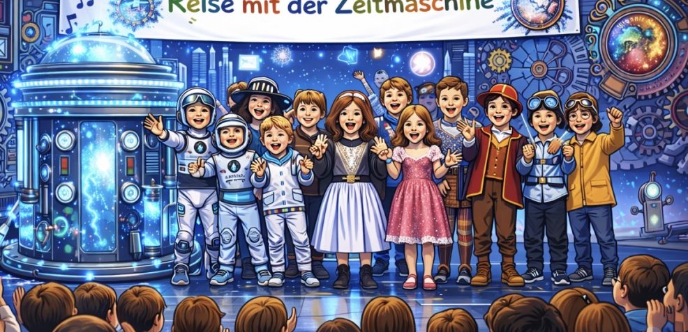 Kinder stehen während einer Musical Aufführung auf der Bühne.
